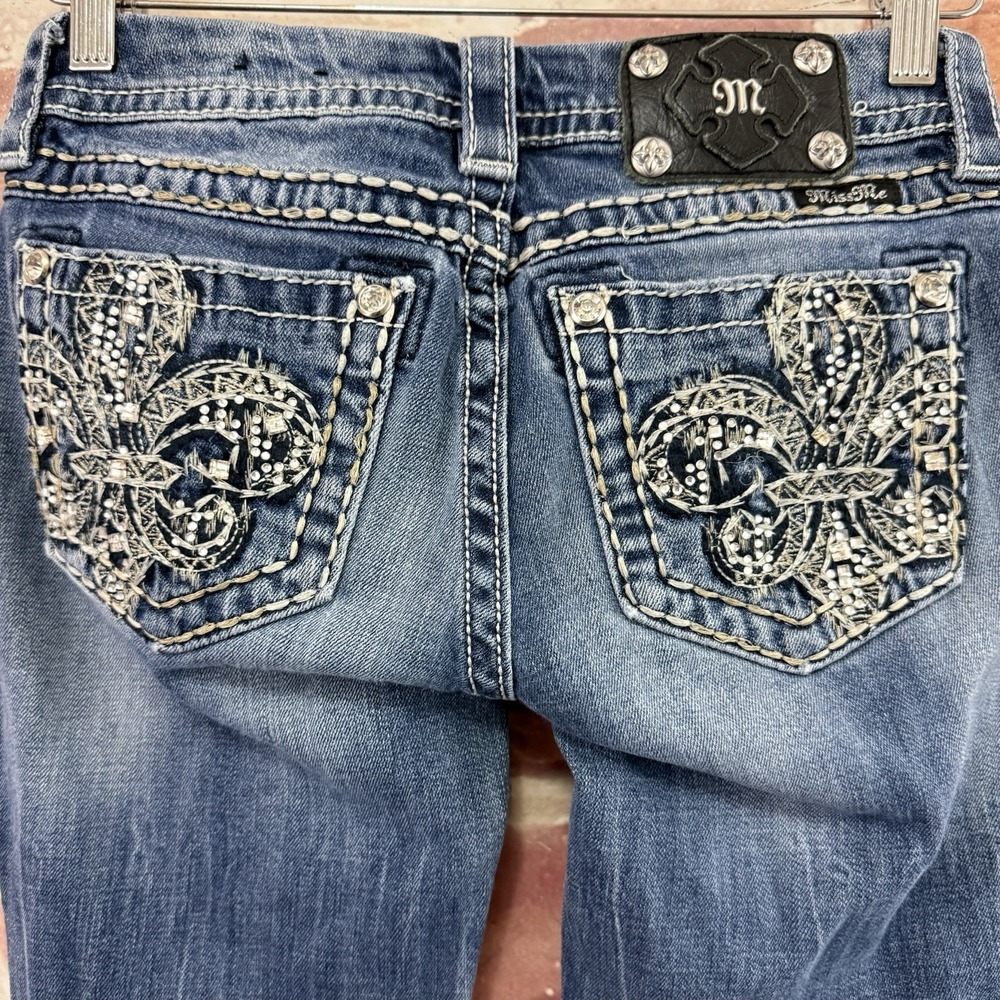 Miss Me Slim Bootcut Jeans Women's 26 Blue Fleur De Lis Rhinestone Denim Pants - Picture 5 of 10
